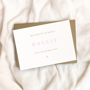 personalised new baby girl card, minimal design, baby girl card, welcome to the world, congratulations new baby, personalised baby card.
