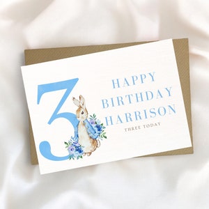 Carte pour 3e anniversaire, carte lapin, anniversaire garçon, carte d'anniversaire personnalisée, carte d'anniversaire pour enfants, carte de voeux, carte personnalisée
