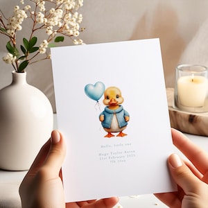 nieuwe kaart eend baby, gepersonaliseerde kaart baby eend, welkom op de wereld, gefeliciteerd nieuwe baby, gepersonaliseerde babykaart