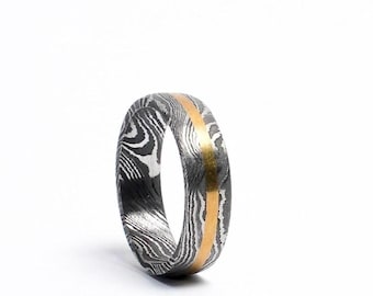 Handmade Damascus Steel & Brass Inlay Wedding Band