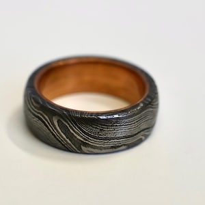 Unique Damascus Bronze Barrel Ring - 7mm Mens Band - Gift For Him - Sustainable & Handmade