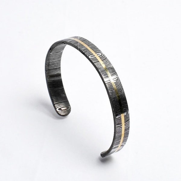 Damascus Steel Bracelet | With Brass Inlay | Men’s Cuff | Adjustable | Sustainably Sourced and Handmade Jewelry
