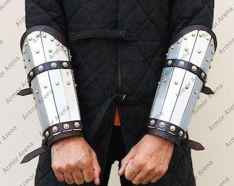 14th Century Stainless Steel Splinted Bracers with High Quality Leather and Brass Buckles for Reenactment, LARP, Films, Characters and Gifts