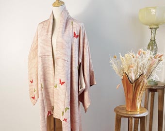 Vintage pink silk butterfly long kimono