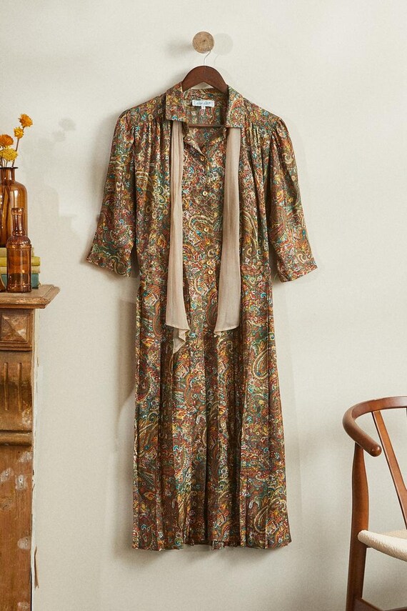 Vintage Khaki Paisley Patterned Maxi Dress