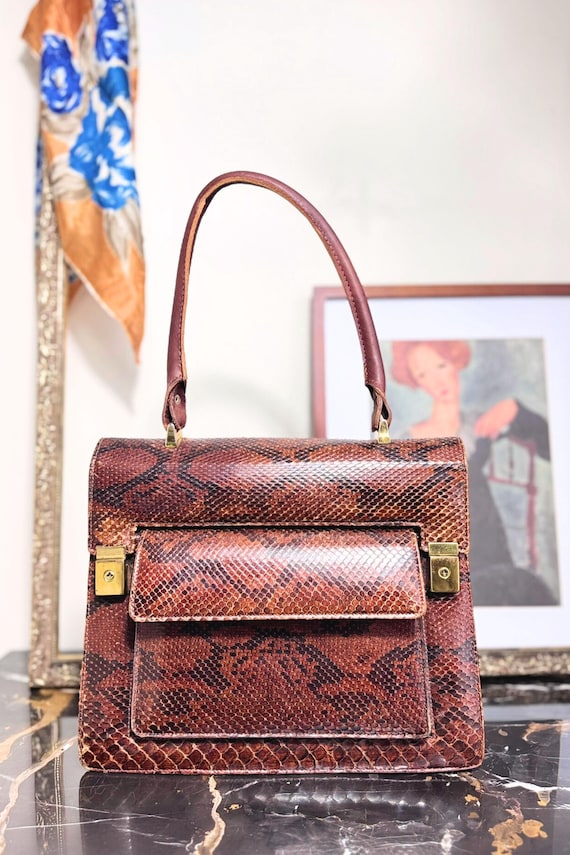 Vintage camel python leather handbag - image 1