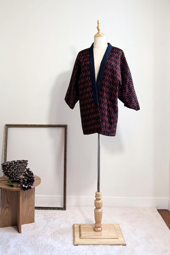 Veste Kimono molletonnée en coton noire et rouge vintage