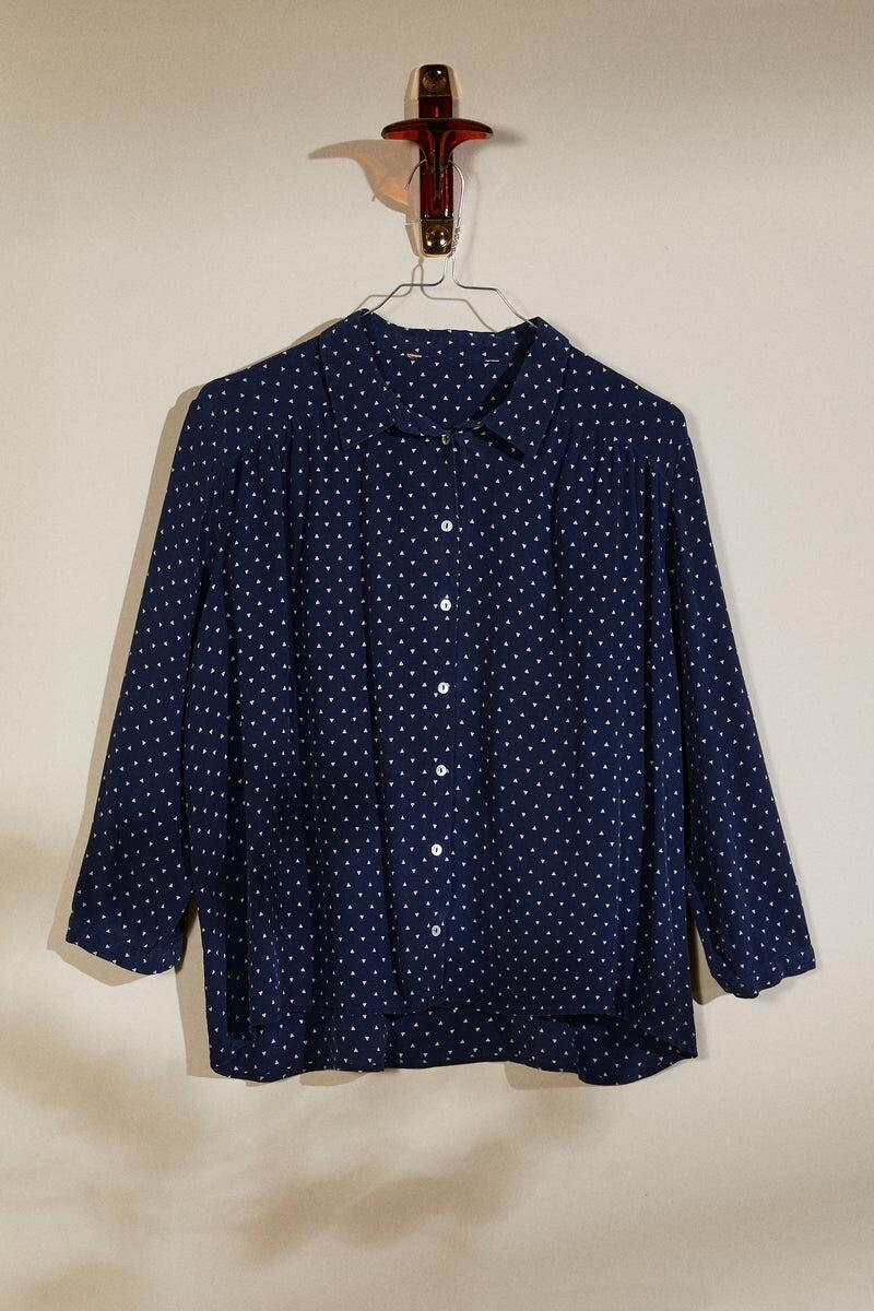 Chemisier Vintage Bernard - Coton Peigné à Pois Blanc Et Bleu Marine - Taille 42/44