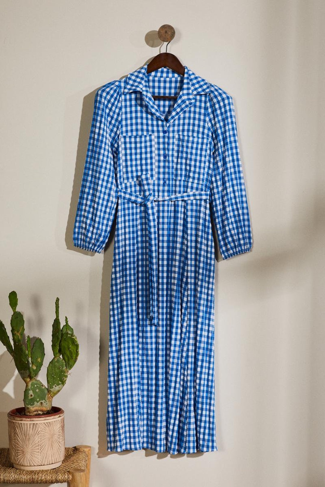 【驚きの値段で】 Vintage Blue Checked Long Shirt Dress - Etsy ワンピース