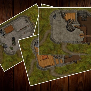 May include: A top-down view of a three-part map of a stone tower with a wooden roof. The tower has a working crane and a large, round, stone structure inside. The map is printed on thick, white paper with a white border.