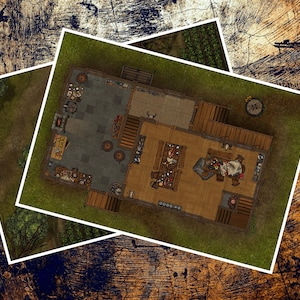 May include: Top-down view of a two-story house interior with a wooden floor, stone walls, and a fireplace. The house is furnished with a table, chairs, and a bed. The house is surrounded by a green lawn.