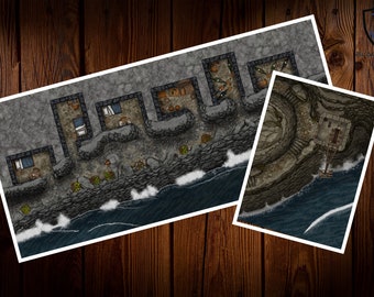 May include: A top-down view of a fantasy map depicting a coastal village with several stone buildings and a small boat docked in the water. The village is built on a rocky cliff overlooking the sea.