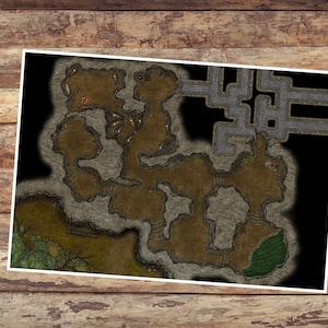 May include: A detailed map of a cave system with multiple levels and passages. The map is drawn in brown, gray, and green colors on a black background. The map includes symbols for doors, stairs, and other features.
