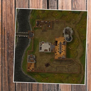 May include: Overhead view of a detailed fantasy map featuring a river, bridge, buildings, and a spiral tower. The map is set on a green and brown landscape. The Black Rhino Maps logo is in the bottom right corner.