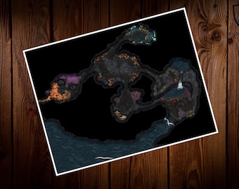 May include: A black and white map of a cave system with different colored areas representing different types of terrain. The cave system is surrounded by a blue body of water.