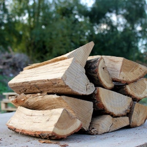 May include: A stack of firewood logs, with the bark still on some of the logs, arranged in a pile. The logs are a light brown colour and have a rough texture.