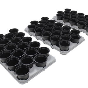 May include: Three trays of black plastic plant pots. Each tray holds multiple pots, arranged in rows. The pots are empty and ready for planting. The trays are grey and have a grid-like design to hold the pots securely.