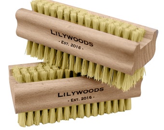 2x Lilywoods Natural Extra Tough Wooden Nail Brush with Strong Cactus Double Sided Short Stiff Bristles Nail Care Toe Hands Finger Scrub