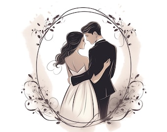 Bride and Groom Clipart Illustration, Wedding PNG (Digital Download)