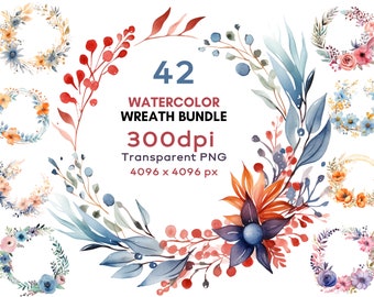 Watercolor Floral Wreath Clipart Bundle, Flower Design (PNG)