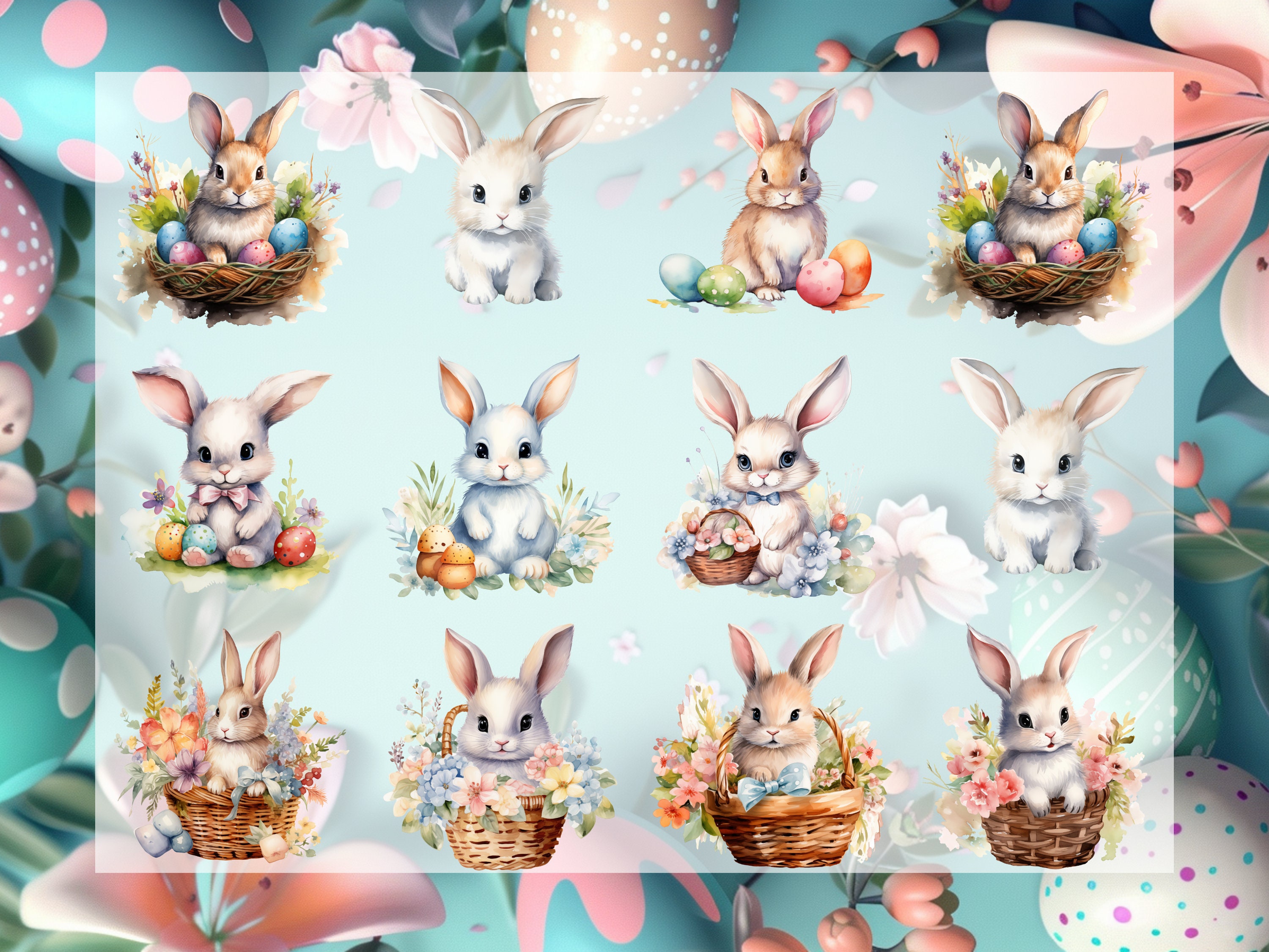 Easter Clipart Bundle Watercolor Easter Bunnies Easter Eggs Happy ...