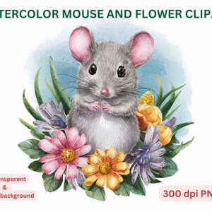 Aquarell Maus und Blumen Clipart - 12 hochwertige PNGS - transparenter und weißer Hintergrund - Kartenherstellung, Mixed Media