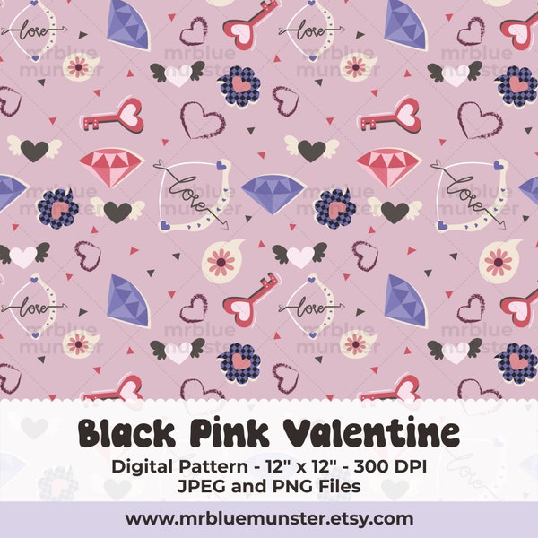 Black Pink Valentine Digital Pattern, y2k diamond heart shaped clipart, girly phone  background, pinterest aesthetic paper commercial use