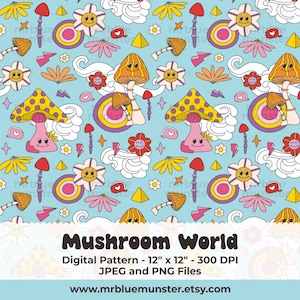 Padrão digital retrô de cogumelo, uso comercial de padrão de repetição groovy bonito azul, flor pinterest hippie fundo sem costura jpeg png clipart