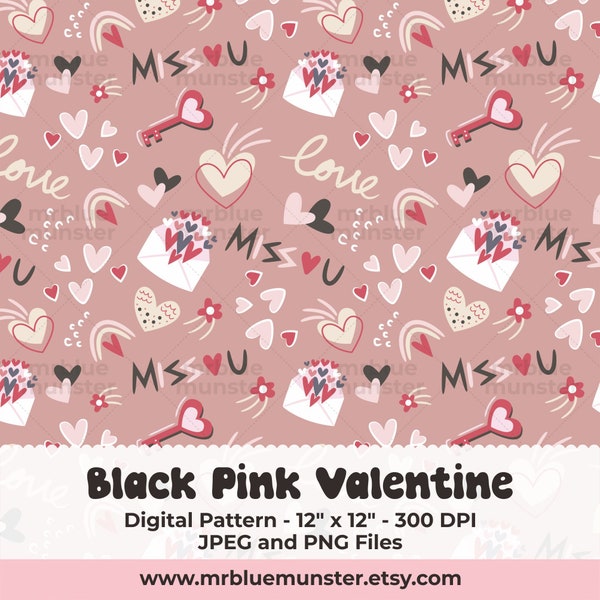 Black Pink Valentine Digital Pattern, romantic love seamless background, pastel heart shaped paper pack, y2k aesthetic instant download file