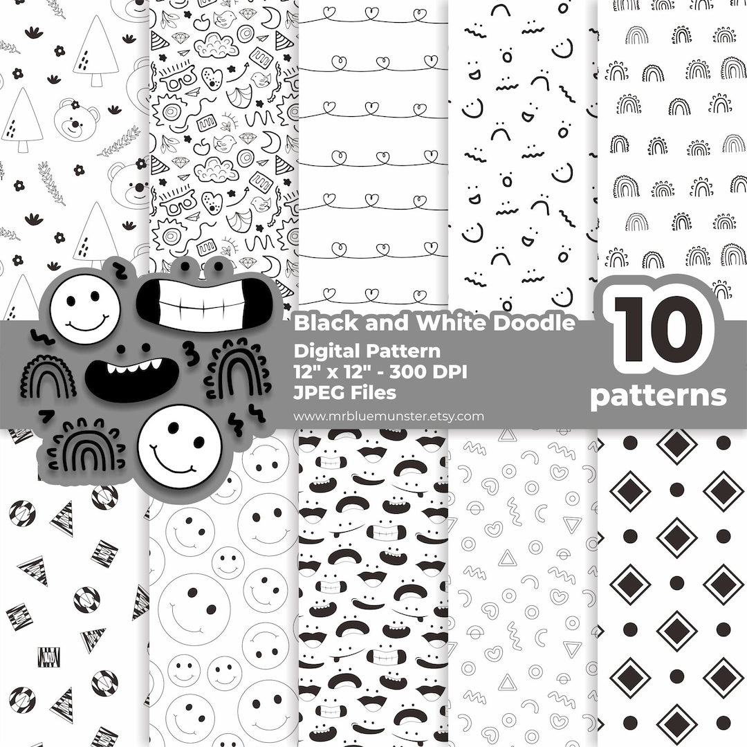 Black and White Doodle Digital Pattern, Cute Doodle Printable Paper ...