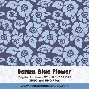 デニムブルーフラワーデジタルパターン、ソフトフラワーペーパーパック、花の背景jpeg、パステルカラーフラワーインスタントダウンロード繰り返しパターンpng