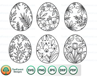 Floral Easter eggs SVG cut files. Set of 6 Spring hand drawn egg designs. Personal and Commercial use. Digital downlowad.