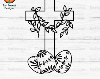 Cruz de Pascua cristiana SVG, Clipart de huevos de Pascua religiosos, Diseño de primavera basado en la fe, Descarga digital de cruz con hojas, Archivo de corte Cricut.