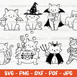 Contorno del pacchetto SVG gatto di Halloween. Clipart gatto carino, gatto divertente in formato SVG, strega zucca fantasma vampiro caduta, file di taglio Cricut Silhouette PNG DXF