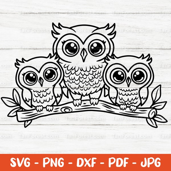 Cute Owl Family SVG outline cut file. Baby owl svg, Cute owl svg. Woodland animal svg. Bird svg. Kawaii svg. Cut files for Cricut Silhouette