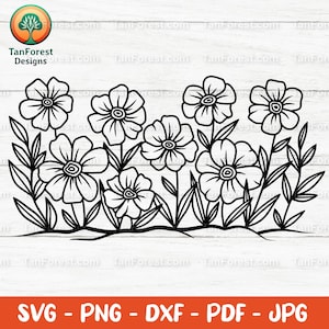 Puede incluir: Ilustración en blanco y negro de línea de arte de un grupo de flores estilizadas con tallos y hojas. Las flores tienen cinco pétalos y un círculo central.