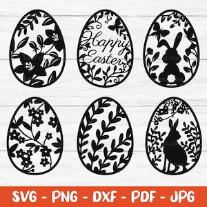 Archivo de corte SVG de huevo de Pascua. 6 diseños vectoriales de huevos de Pascua. Imágenes prediseñadas de Pascua, conejito de Pascua, Pascua floral. Archivos svg para Cricut y Silhouette.