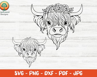 Highland Cow Outline SVG, Floral Cow Head, Cricut, Silhouette (Cut Files)