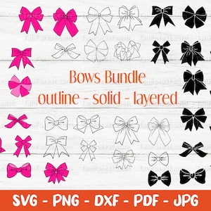 Pacchetto fiocchi in formato SVG, a strati - contorno - solido, nastro in formato SVG, fiocco disegnato a mano, fiocchi vettoriali, file di taglio per Cricut e Silhouette
