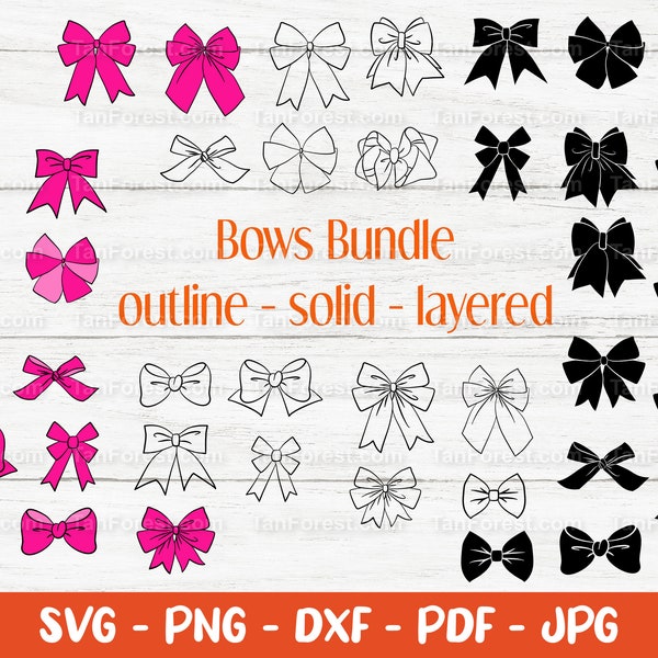 Bows Bundle svg, layered - outline - solid, ribbon svg, hand drawn bow, vector bows, Cut files for Cricut and Silhouette