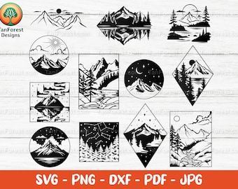 12 Mountain Landscapes SVG Bundle. Travel Scenery Clipart, Forest, Lake, Trees, Outdoor, Woods svg, png, dxf Cut files Cricut Silhouette.