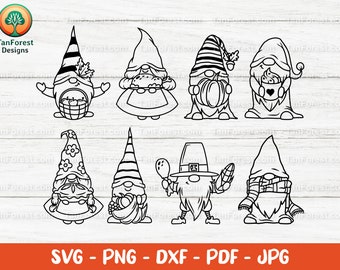 Esquema del paquete SVG de gnomos de Acción de Gracias. Clipart de gnomos, gnomos navideños, gnomos de otoño, Glowforge otoñal. Archivos SVG, PNG, DXF, Cricut Silhouette.