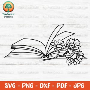 Open Book with Flowers SVG Outline – Floral Book Clipart for Cricut, Sublimation | Reading Lover Digital Download | Bookworm Gift Cut File.