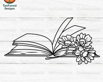 Libro abierto con flores, contorno SVG: clipart de libro floral para Cricut, sublimación, descarga digital para amantes de la lectura, archivo de corte de regalo para ratones de biblioteca.
