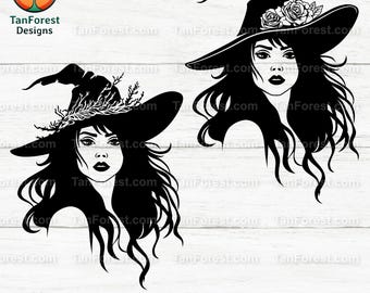 Diseño SVG de bruja dibujado a mano: clipart de bruja de Halloween para Cricut, sombrero de bruja floral PNG, silueta de mujer gótica, archivo de corte vectorial espeluznante