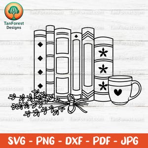 May include: Black and white line art of a stack of books, a mug with a heart, and a bundle of lavender. The books have various decorative elements. The mug has a heart on it. The image includes the text "SVG - PNG - DXF - PDF - JPG".