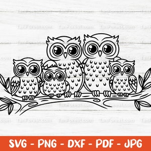 Niedliche Eulen Familie SVG Umrisse Schneidedatei. Baby Eule svg, Eule Clipart, Waldtier svg. Vogel svg. Kawaii svg dxf png Cricut Silhouette