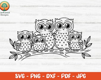 Lindo archivo de corte de contorno SVG de la familia Owl. Búho bebé svg, Búho Clipart, Animal del bosque svg. Pájaro svg. Kawaii svg dxf png Cricut Silueta