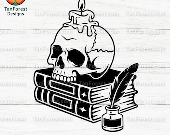 Skull Candle on Books SVG: Gothic Halloween Cut File (Digital Download