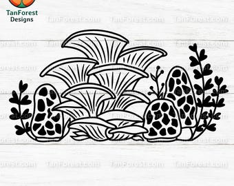 Hongo de contorno SVG / Arte digital de hongos forestales rústicos, arte lineal de hongo ostra morilla, clipart vectorial de naturaleza, diseño imprimible para camisetas